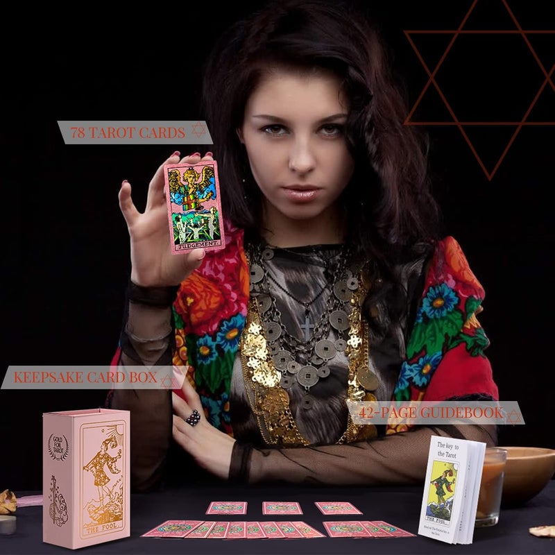 LYINGFISH Tarot Cards for Beginners Pink Tarot Cards with Guide Book Gold Foil with Meanings on Them 78 Classic Origina Waterproof Rider Waite Taro Deck Fortune Telling Game（Pink） - Image 2